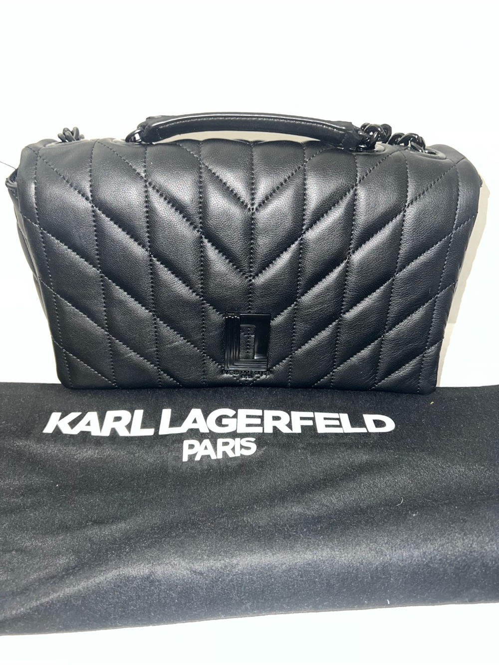 Karl Lagerfeld Black Quilted Leather Shoulder Bag with Chain Strap